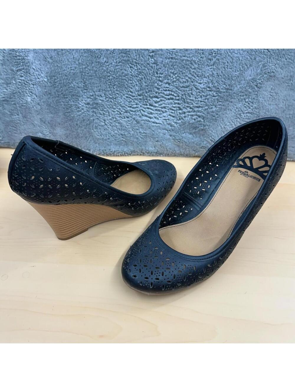 Fergalicious by Fergie Black Laser Cut Perforated Wedge Pumps